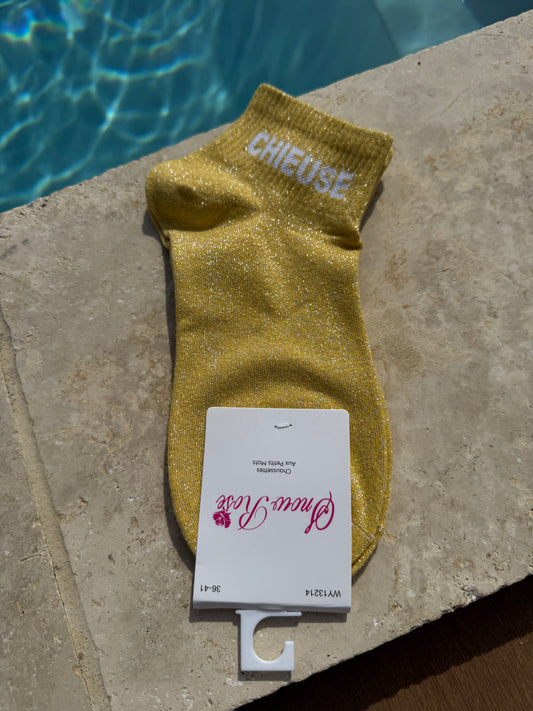 Chaussettes brillantes courtes CHIEUSE jaune pastel